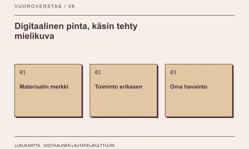 Lukukartta: Digitaalinen pinta, käsin tehty mielikuva. Materiaalin merkki, Toiminto erikseen, Oma havainto.